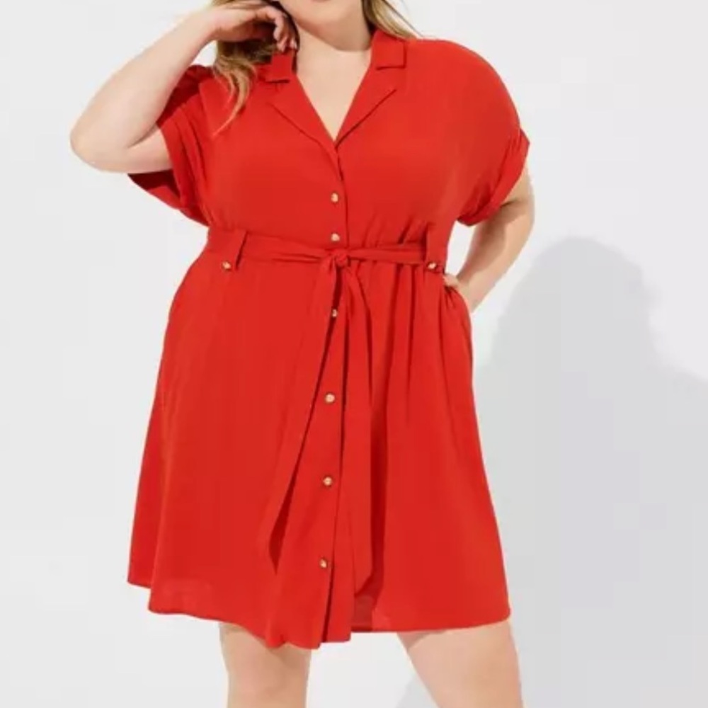 torrid Red Button-Front Belted Shirt Dress